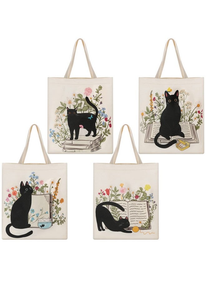 Oudain Oudain 4 Pcs Floral Canvas Tote Bags Cute Tote Bag for Women Floral Book Space Flowers Canvas Bag Bulk Shoulder Bag Gifts(Cat)  - Image 1