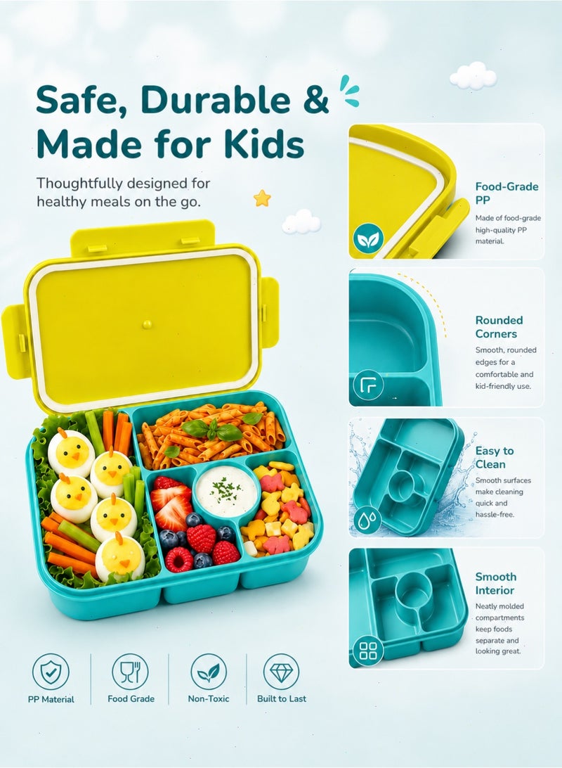 Yoawllty Bento Lunch Box, 4 Compartment Leak‑proof Stackable Lunch Containers with Lids & Sauce Cups, BPA‑Free Meal Prep Food Storage Container for Kids Adults School Office Travel (Blue and Yellow) - Image 5