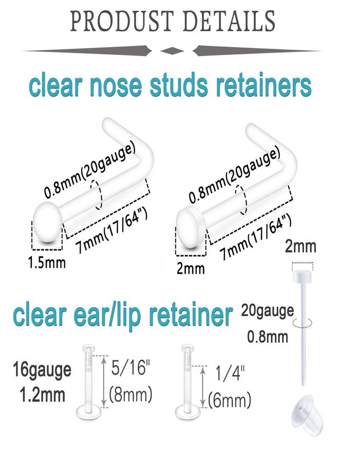 QWALIT Clear Nose Studs & Rings for Work & Sports, 25pcs Mix, Clear Plastic, Bioflex, 20g, 16-20mm, Unisex - Image 2