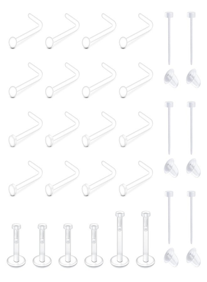 QWALIT Clear Nose Studs & Rings for Work & Sports, 25pcs Mix, Clear Plastic, Bioflex, 20g, 16-20mm, Unisex - Image 1
