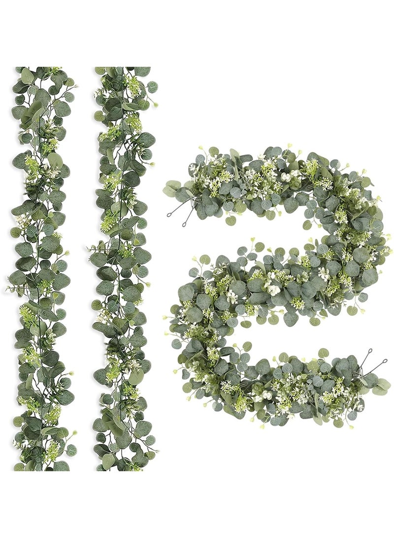 Generic 2 Pack Artificial Eucalyptus Garland Greenery Vines with White Flowers & Berries - Faux Spring Leaf Garland for Wedding Arch, Home, Party, Mantle Decor - Indoor Table Runner, Hanging Floral Arrangemen  - Image 1