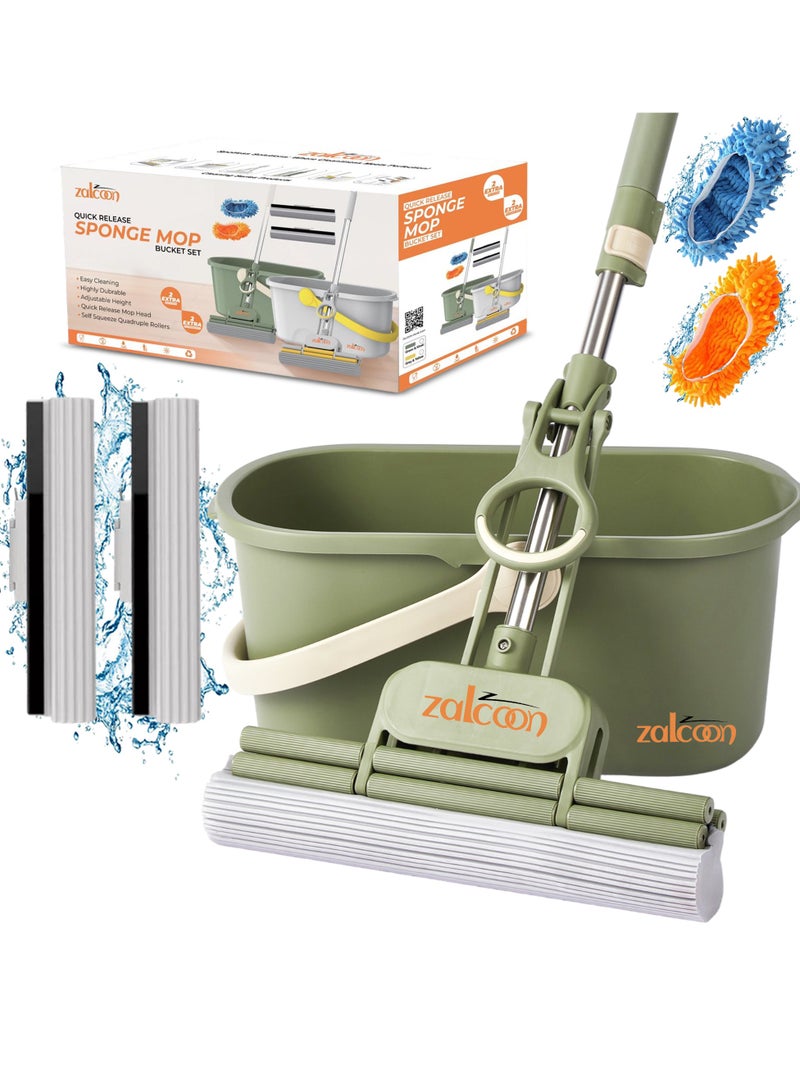 Zalcoon PVA Quadruple Rollers Sponge Mop  33cm with Bucket, 2 Extra Ultra Absorbent PVA Sponge Refill & 2 Mop Slippers|Household Cleaning Tool for Kitchen, Tiles, Multi-Surface Hard Floors - Image 1