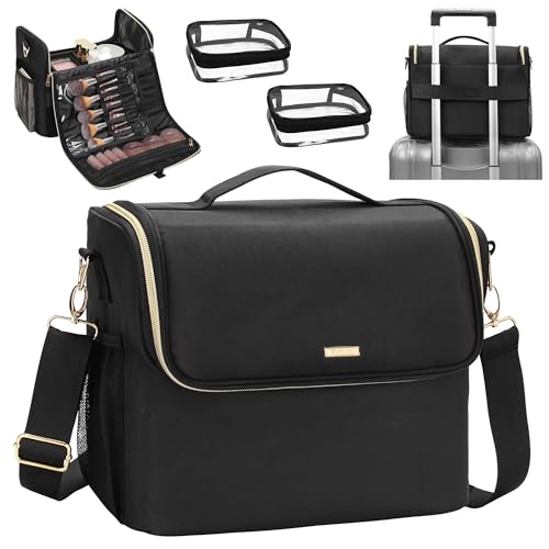 TANTO Large Makeup Carrying Train Case, Makeup Bag with 2 Small Bags, Professional Makeup Artist Bag Tattoo Case Travel Makeup Organizer Box with Adjustable Dividers and Shoulder Strap (Black) - Image 1
