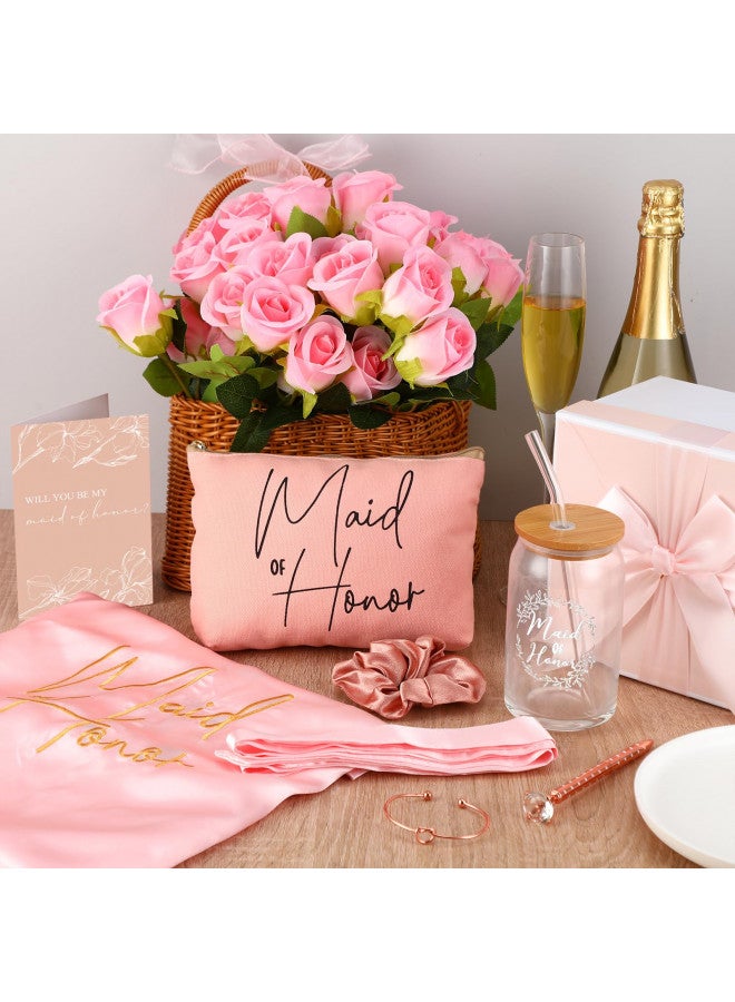 Irenare Irenare 8 Pcs Maid of Honor Proposal Gifts Set Robes Makeup Bag Cup Cards Hair Tie Bracelet Diamond Pen Bridesmaid Gift Box - Image 5