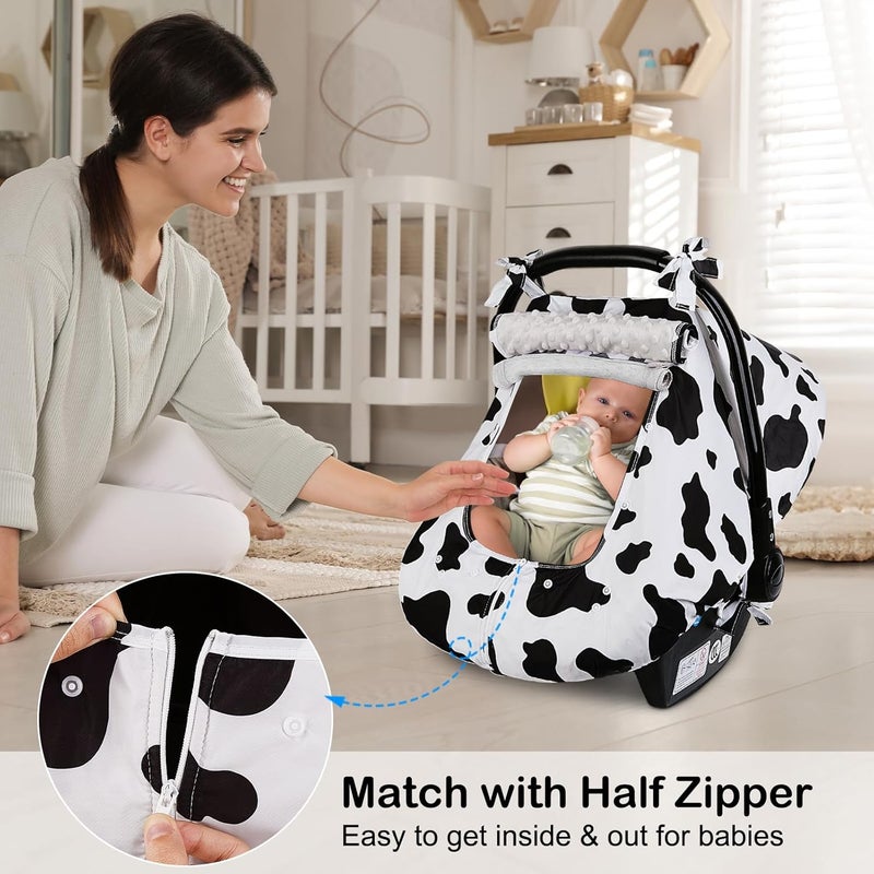 FIOBEE Baby Car Seat Cover Car Seat Covers for Babies Infant Car Seat Canopy with Breathable Mesh Window Waterproof Carseat Cover for Babies Boy Girl 4 Seasons WhiteCow - Image 3