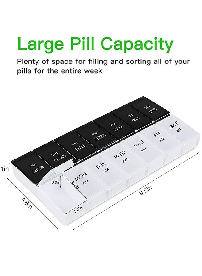 Large Weekly Pill Organizer, Medicine Holder 2 Times a Day, Mini Pill Case for Travel (Black+Clear) - Image 2