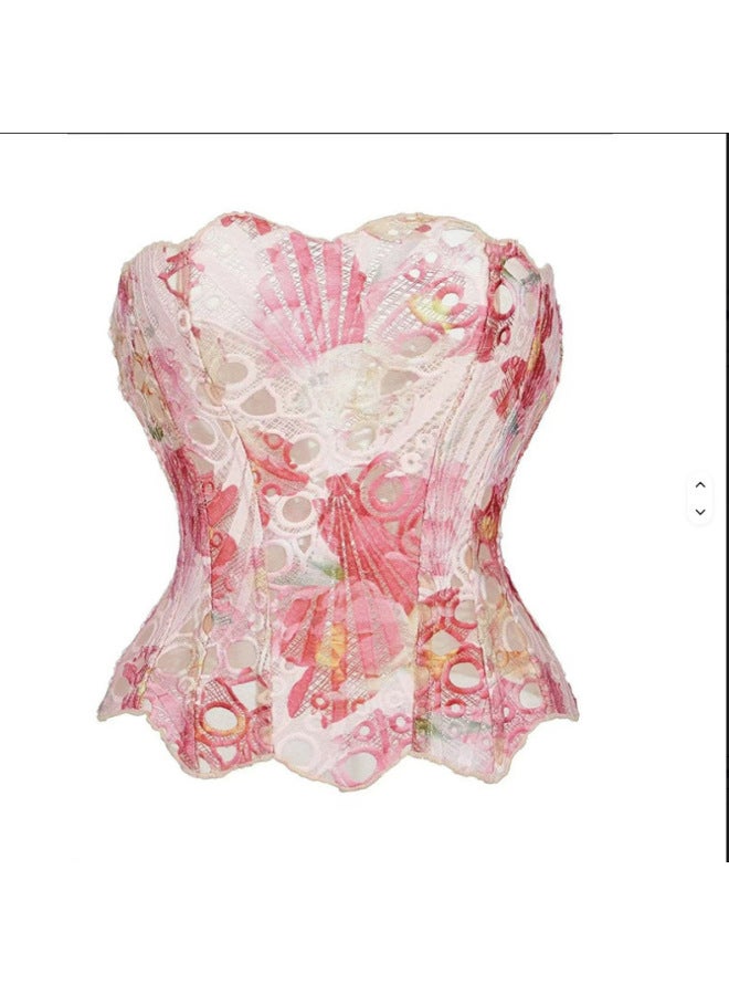 Vintage Women's Corset With Embroidery And Eyelet Trim, Breathable Woven Top For Going Out, Party, Club