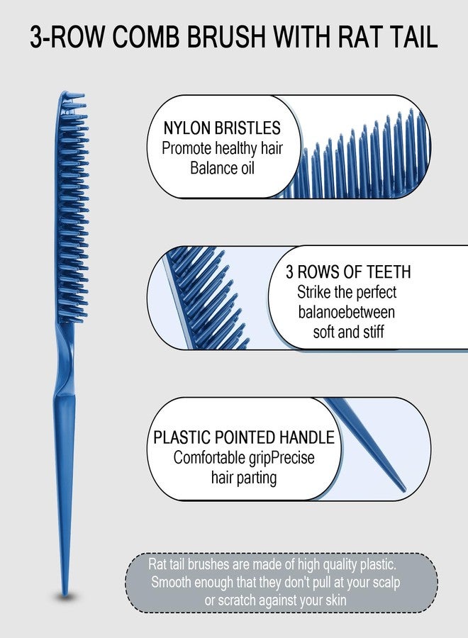 SIMPOR 3 Row Hair Comb for Natural Detangling Hair Styling Brush Nylon Bristle Unbraider Teasing Comb Rat Tail for Women Men Blue - Image 2