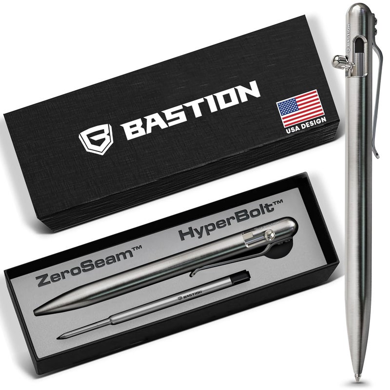 Bastion قلم باستيوني الفاخر النحيف بنظام السحب، قلم EDC متين برأس دقيق، قلم حبر جاف احترافي للمدرسة والعمل - مصنوع من الفولاذ المقاوم للصدأ - Image 1