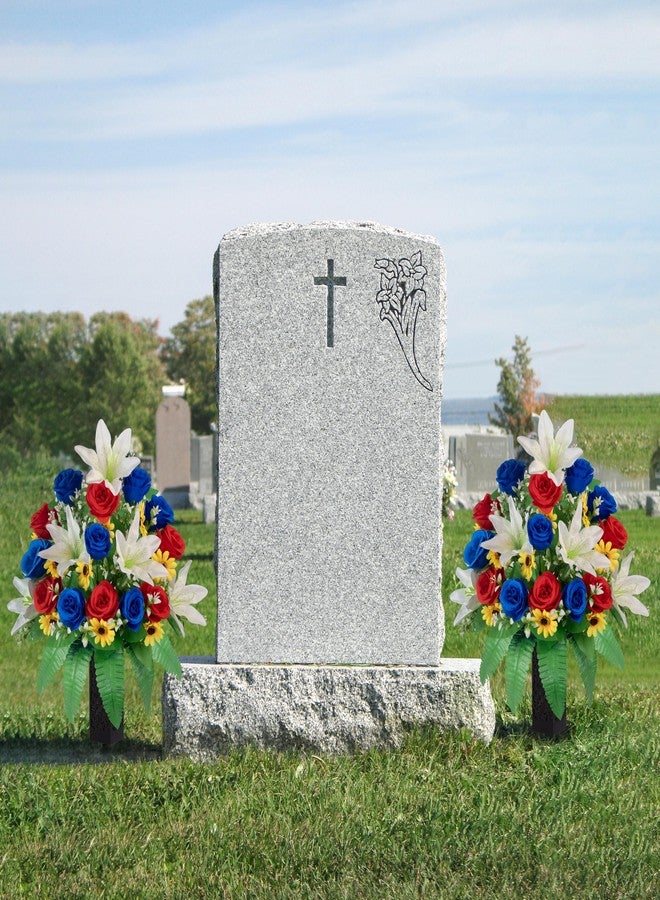 MOOMASS Cemetery Flowers Artificial 2 Sets,Red Blue Roses and White Lily Bouquet for Graves, Outdoor Memorial Decor - Realistic, Fade Proof, Non-Bleed Colors, Easy Fit Grave Vase (red, Blue, White) - Image 2