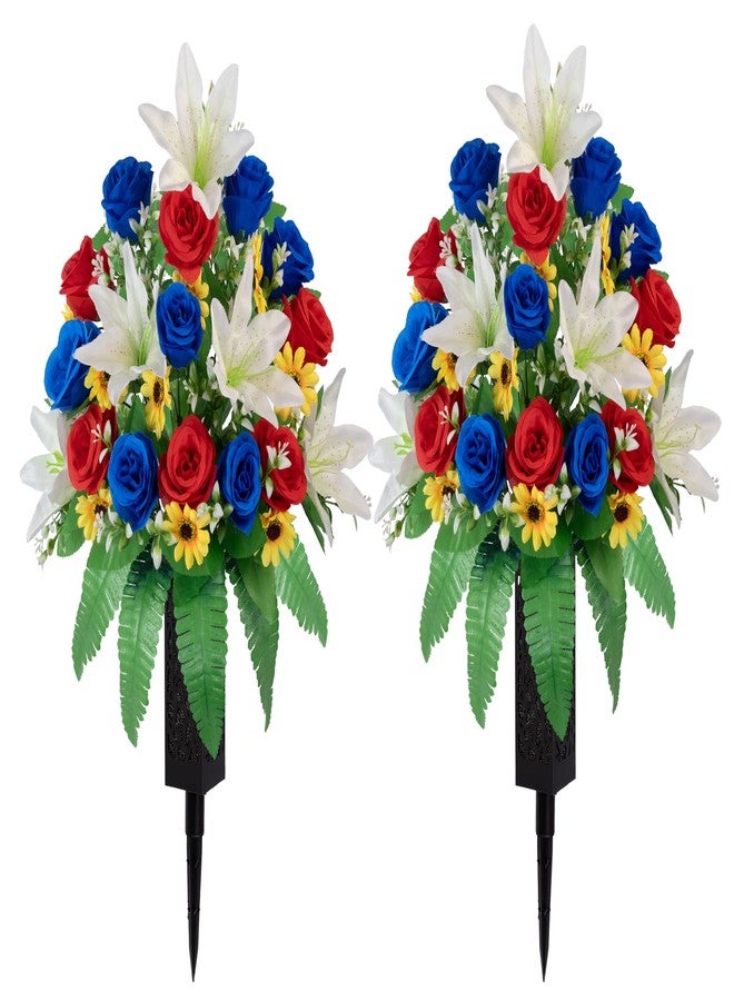MOOMASS Cemetery Flowers Artificial 2 Sets,Red Blue Roses and White Lily Bouquet for Graves, Outdoor Memorial Decor - Realistic, Fade Proof, Non-Bleed Colors, Easy Fit Grave Vase (red, Blue, White) - Image 1