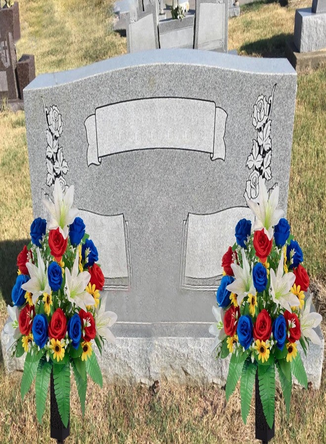 MOOMASS Cemetery Flowers Artificial 2 Sets,Red Blue Roses and White Lily Bouquet for Graves, Outdoor Memorial Decor - Realistic, Fade Proof, Non-Bleed Colors, Easy Fit Grave Vase (red, Blue, White) - Image 3