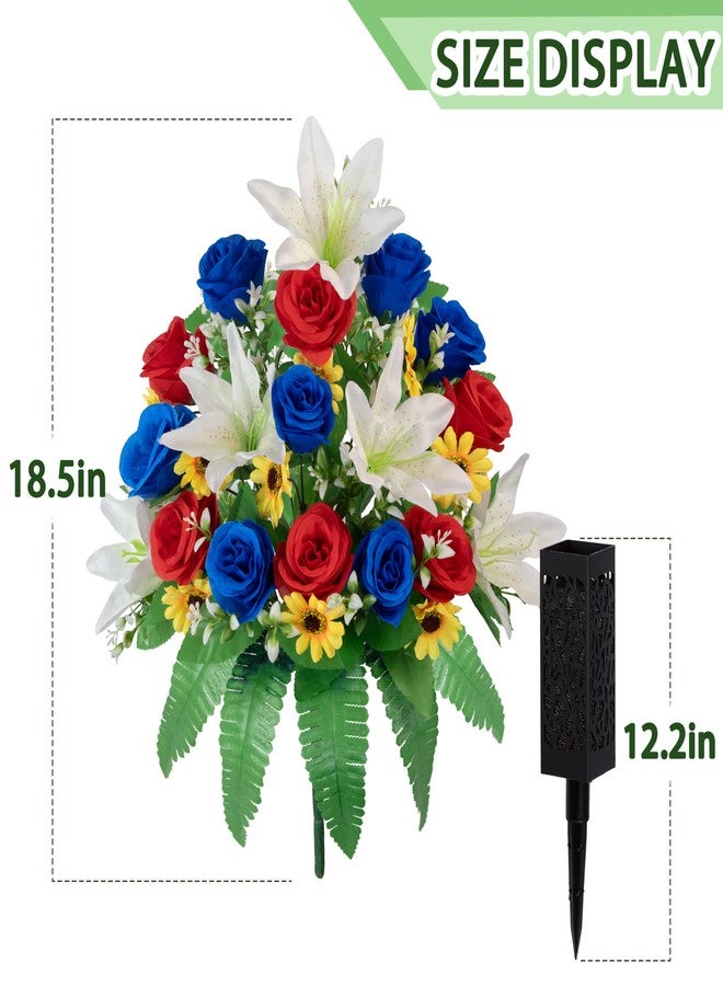 MOOMASS Cemetery Flowers Artificial 2 Sets,Red Blue Roses and White Lily Bouquet for Graves, Outdoor Memorial Decor - Realistic, Fade Proof, Non-Bleed Colors, Easy Fit Grave Vase (red, Blue, White) - Image 4