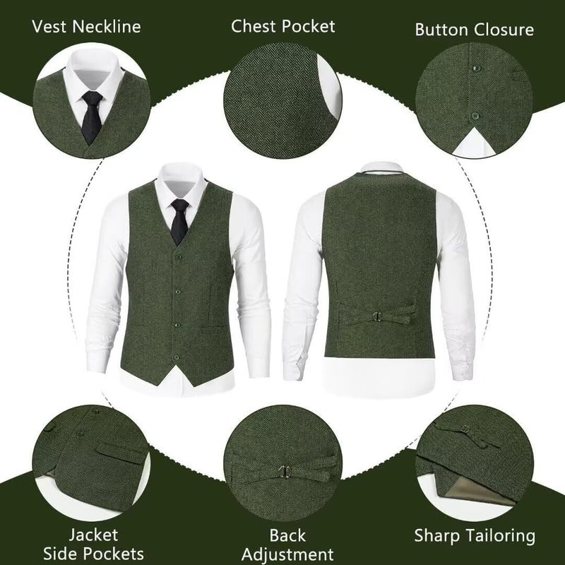 BOFAN Classic Mens Tweed Herringbone Suits 3 Piece Suits Formal Regular Fit Wedding Groom Suit Blazer Vest Pants Green-L - Image 4