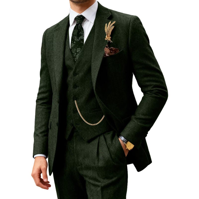 BOFAN Classic Mens Tweed Herringbone Suits 3 Piece Suits Formal Regular Fit Wedding Groom Suit Blazer Vest Pants Green-L - Image 1