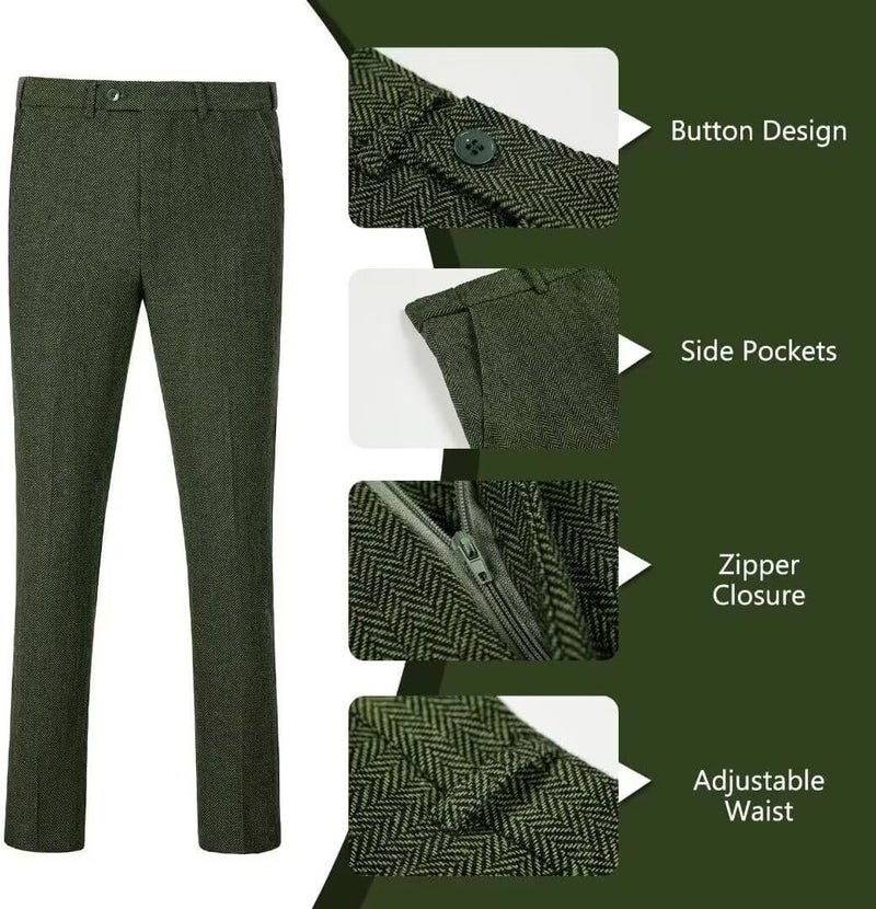 BOFAN Classic Mens Tweed Herringbone Suits 3 Piece Suits Formal Regular Fit Wedding Groom Suit Blazer Vest Pants Green-L - Image 5