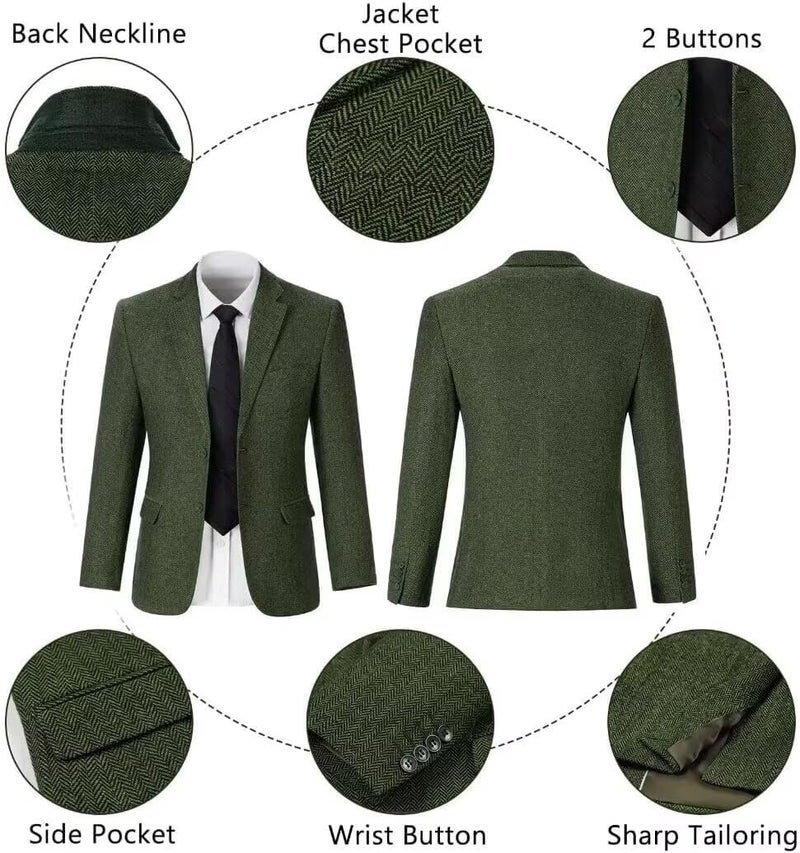 BOFAN Classic Mens Tweed Herringbone Suits 3 Piece Suits Formal Regular Fit Wedding Groom Suit Blazer Vest Pants Green-L - Image 3