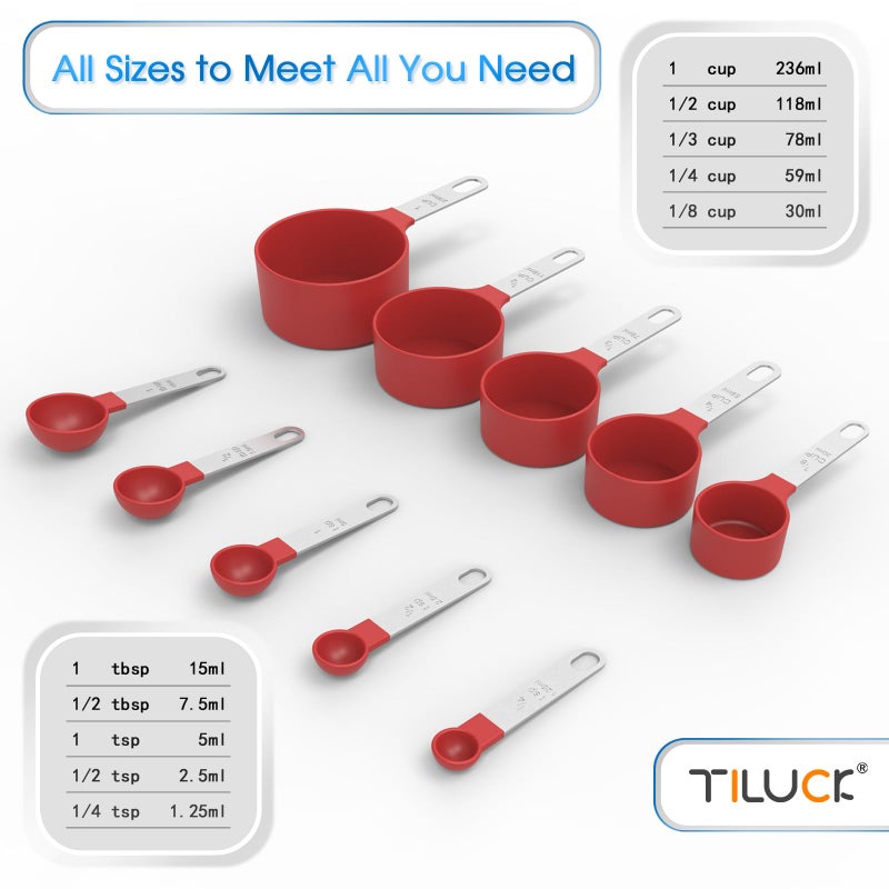 TILUCK Measuring Cups & Spoons Set, Stackable Cups and Spoons, Nesting Measure Cups with Stainless Steel Handle, Kitchen Gadgets for Cooking & Baking (Red) - Image 3