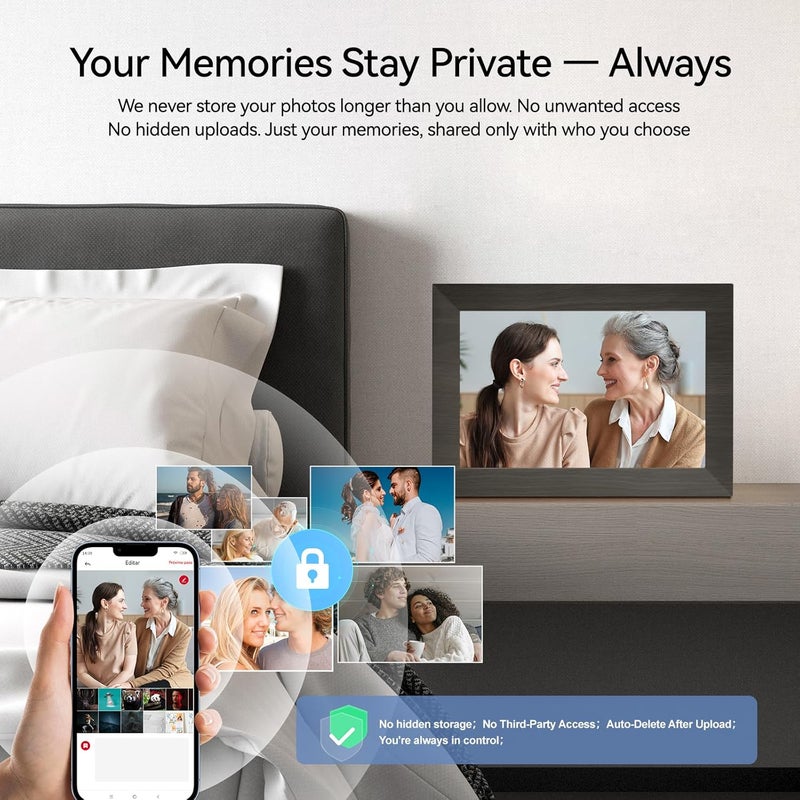 إطار صور رقمي ذكي بحجم 10.1 بوصة مع واي فاي 6، سعة تخزين 32 جيجابايت، شاشة IPS تعمل باللمس، دوران تلقائي، مزامنة الموسيقى، الطقس والساعة - هدية مثالية للعائلات - Image 2