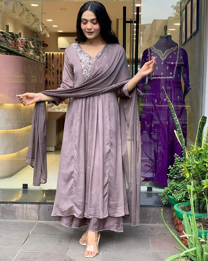 GoSriKi  GoSriKi Women's Rayon Blend A-Line Embroidered Kurta with Pant & Dupatta (SHARMI LAVENDER-GS_L_Lavender_Large) for Women | Best Price UAE