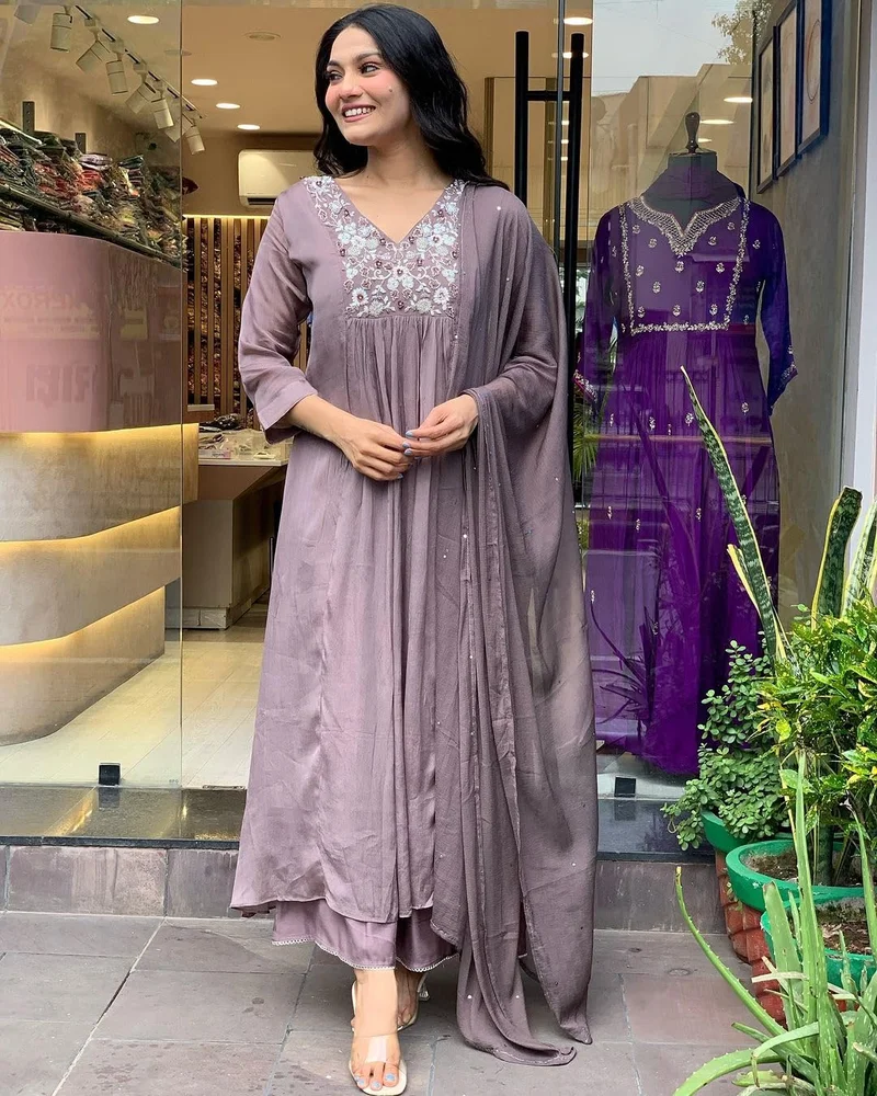 GoSriKi  GoSriKi Women's Rayon Blend A-Line Embroidered Kurta with Pant & Dupatta (SHARMI LAVENDER-GS_L_Lavender_Large) for Women | Best Price UAE