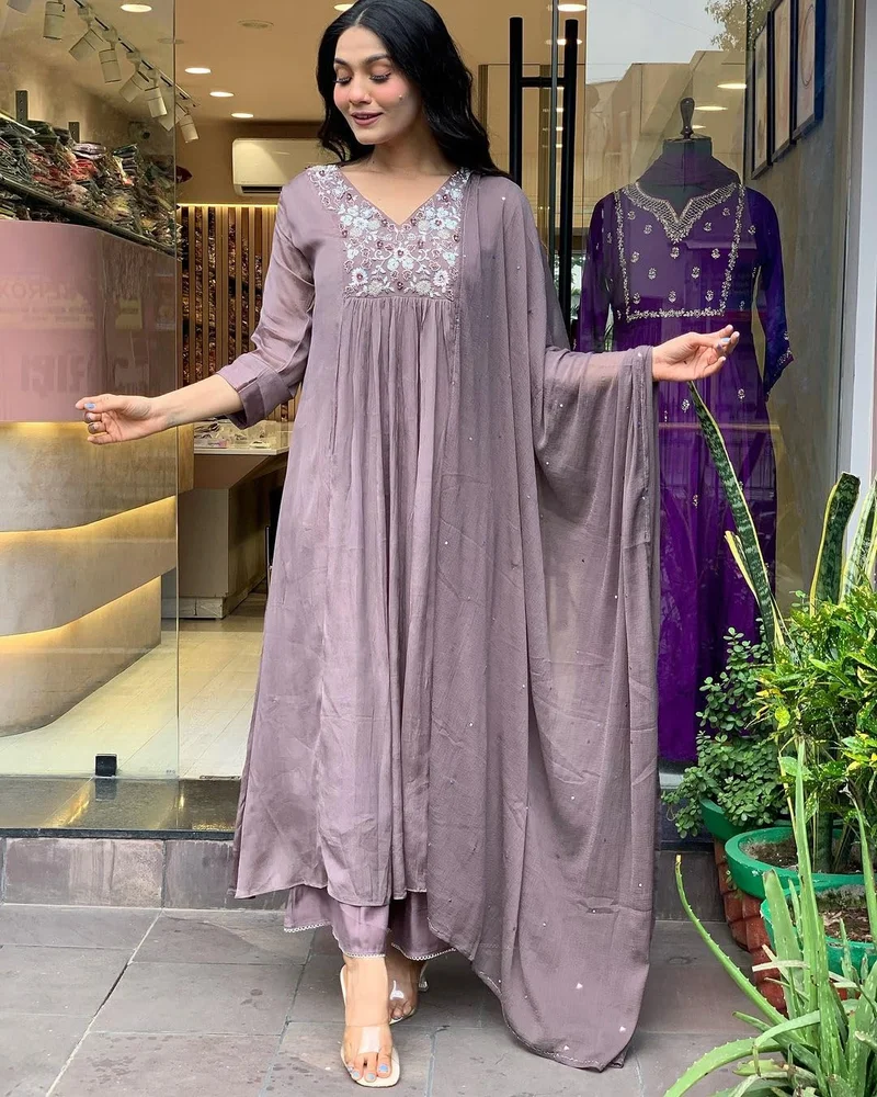 GoSriKi  GoSriKi Women's Rayon Blend A-Line Embroidered Kurta with Pant & Dupatta (SHARMI LAVENDER-GS_L_Lavender_Large) for Women | Best Price UAE