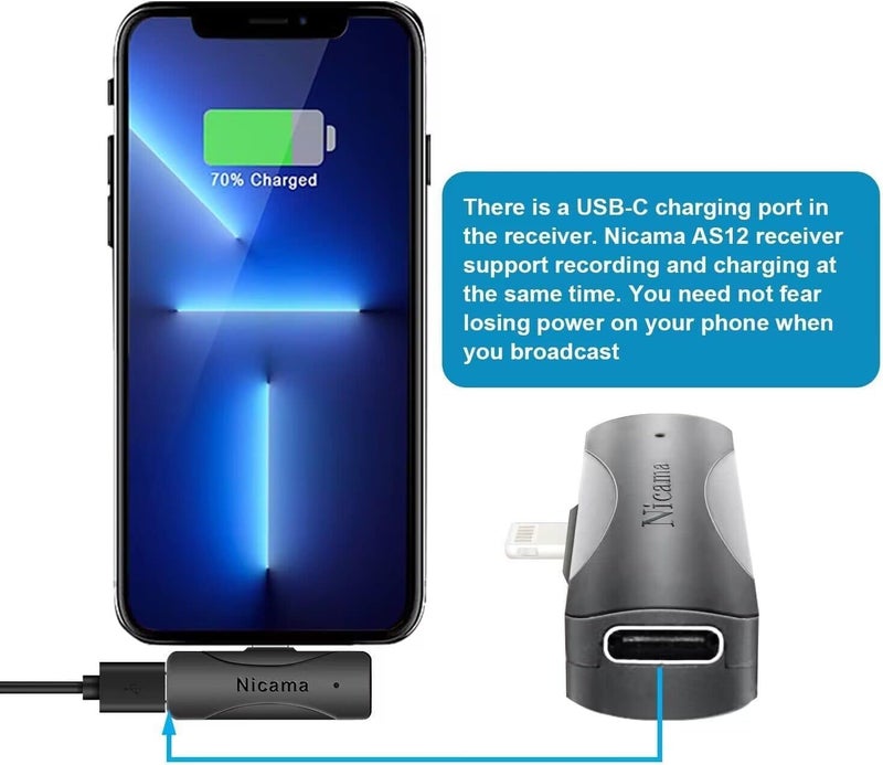 Nicama AS12 Wireless lavalier Microphone with 2 transmitters and 1 Receiver for iPhone 6 7 8 9 10 11 12 13 14 iPad Recording, Podcast, Vlog, Live Stream, YouTube Facebook, TikTok (2TX +RX) - Image 5