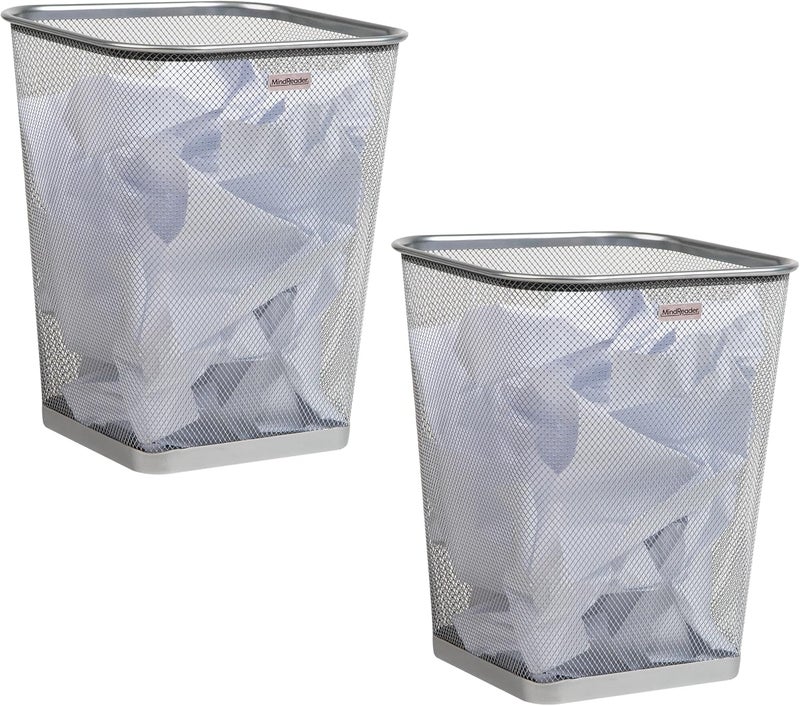 Mind Reader Mesh Trash Can, Square Wastebasket for Office or Home, 5 Gallon Capacity, Metal Mesh, Set of 2, Silver - Image 1