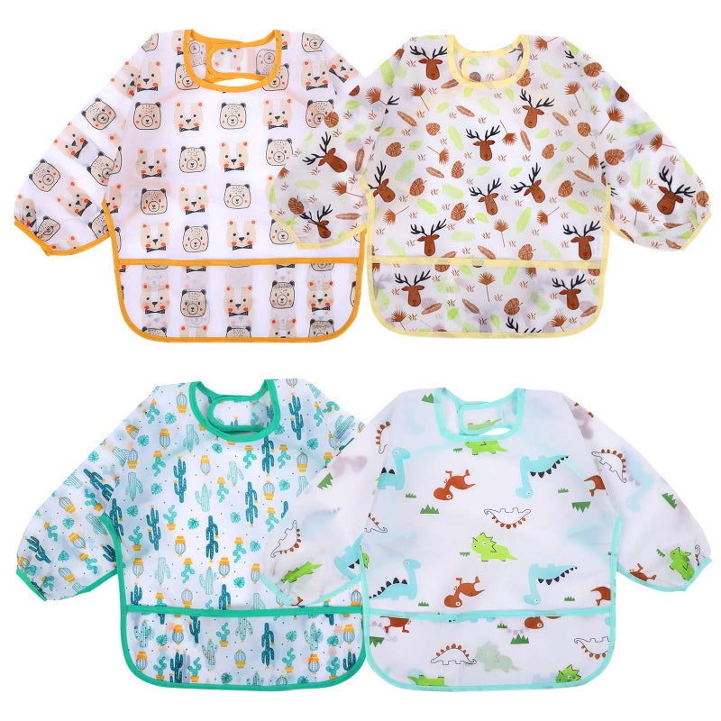 Accmor 4 Pack Long Sleeve Bibs, Baby Smock Waterproof Sleeved Bib Smock for Baby Toddler 6-24 Months - Image 1