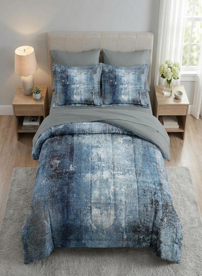 WeCozy 7 Pcs Full Size Comforter Set with 2 Pillowcases & 2 Shams, Blue Grey Painting Bedding Set for Kids and Adults, Contemporary Abstract White Bed in a Bag with Flat Sheet and Fitted Sheet - Image 1