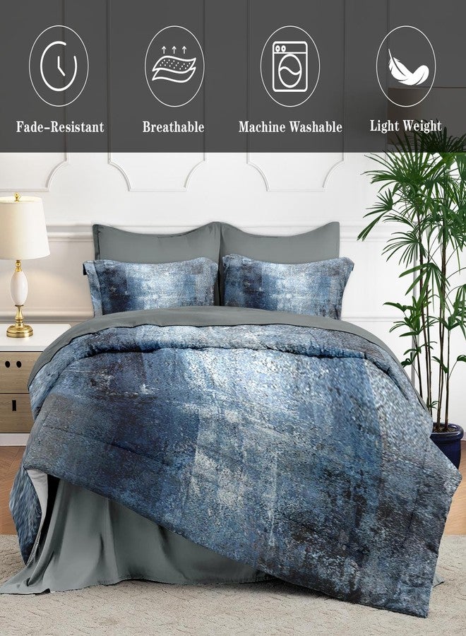 WeCozy 7 Pcs Full Size Comforter Set with 2 Pillowcases & 2 Shams, Blue Grey Painting Bedding Set for Kids and Adults, Contemporary Abstract White Bed in a Bag with Flat Sheet and Fitted Sheet - Image 4