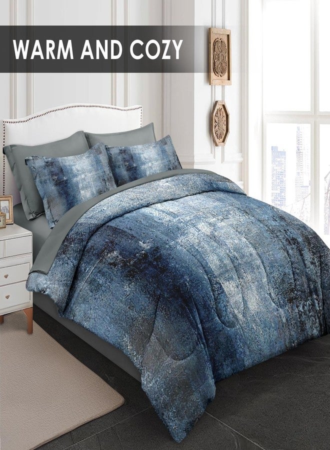 WeCozy 7 Pcs Full Size Comforter Set with 2 Pillowcases & 2 Shams, Blue Grey Painting Bedding Set for Kids and Adults, Contemporary Abstract White Bed in a Bag with Flat Sheet and Fitted Sheet - Image 3
