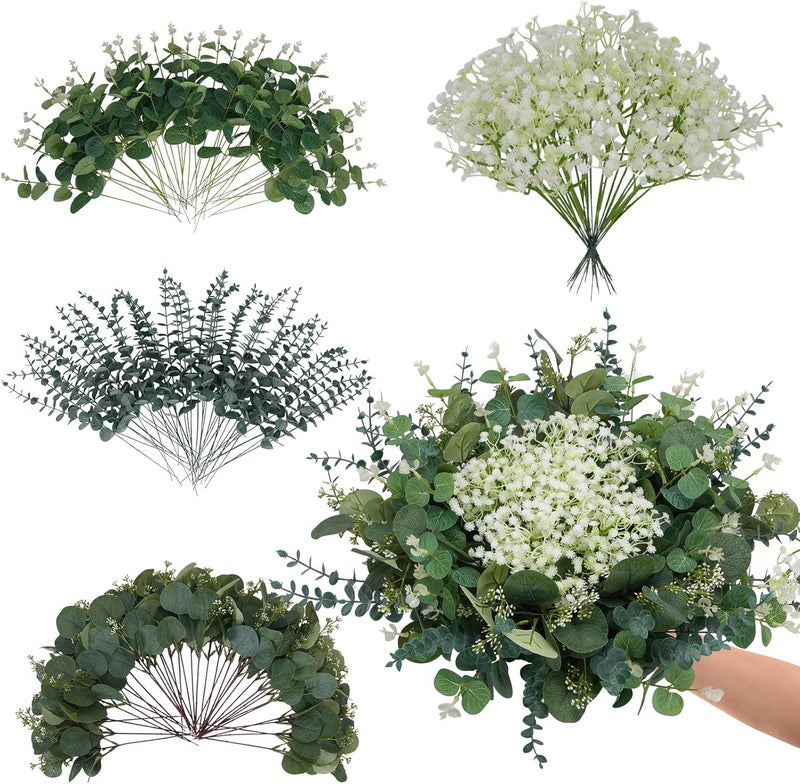 HO2NLE 150Pcs Mixed Artificial Greenery Stems, Babys Breath Artificial Flowers and Eucalyptus Stems, Faux Floral Picks for Wedding DIY Bouquets Table Centerpieces Vase Fillers Home Decor - Image 1
