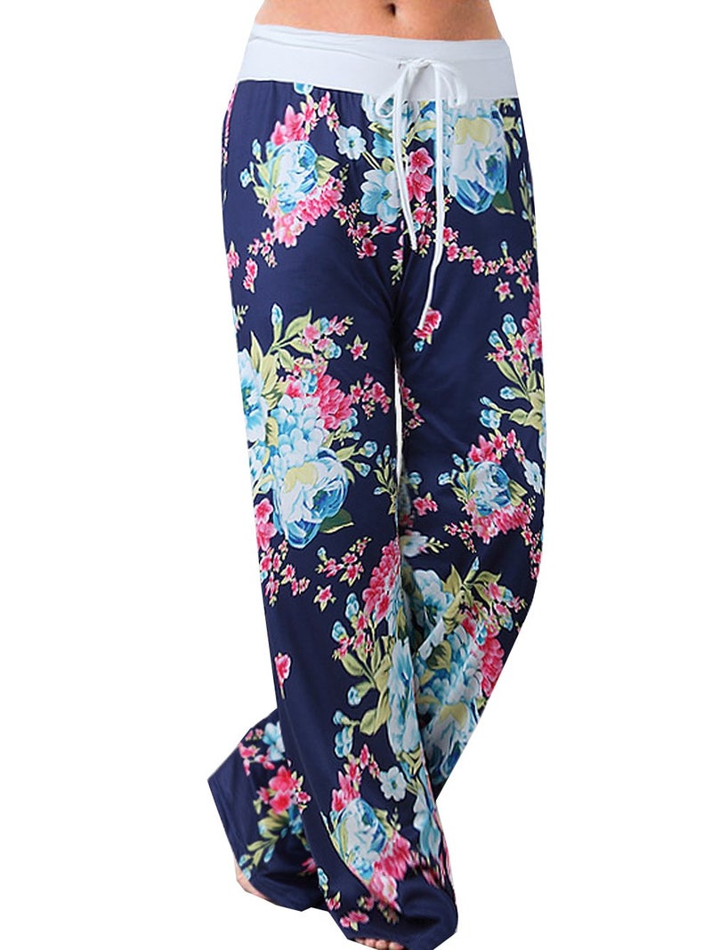 iChunhua Women's Comfy Stretch Floral Print Drawstring Long Wide Leg Lounge Pants L Blue - Image 1