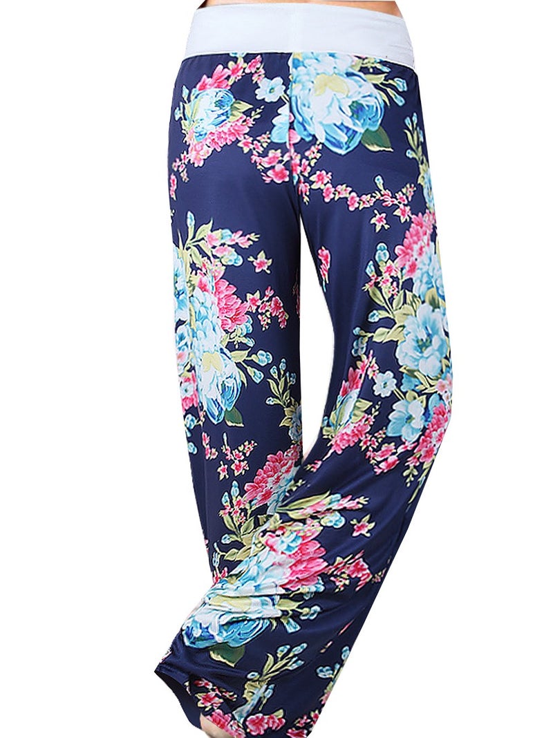 iChunhua Women's Comfy Stretch Floral Print Drawstring Long Wide Leg Lounge Pants L Blue - Image 2