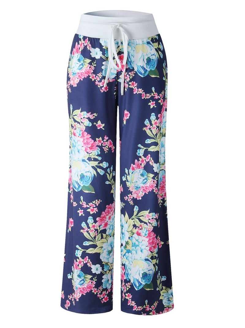 iChunhua Women's Comfy Stretch Floral Print Drawstring Long Wide Leg Lounge Pants L Blue - Image 3