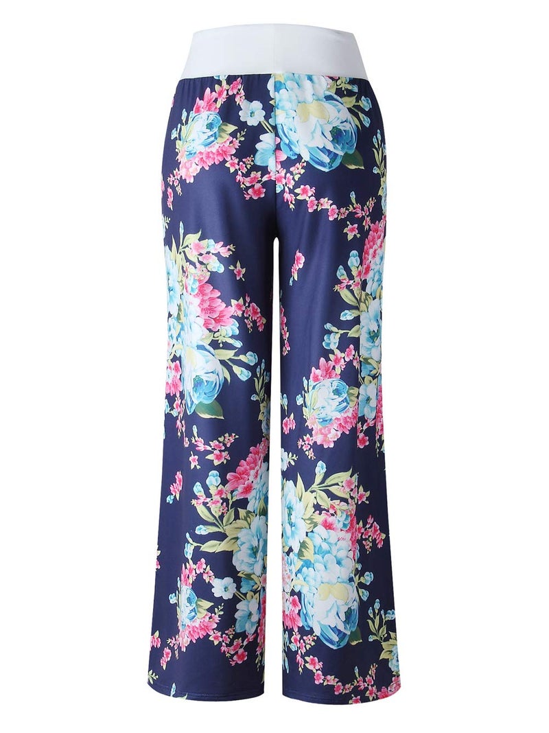 iChunhua Women's Comfy Stretch Floral Print Drawstring Long Wide Leg Lounge Pants L Blue - Image 4