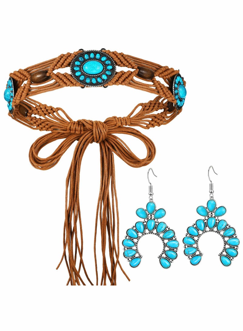 Turquoise Woven Waist Belt and Bohemian Jewelry Set for Women, Featuring Drop Statement Post Earrings - 2 Piece Accessory Collection. - Image 1
