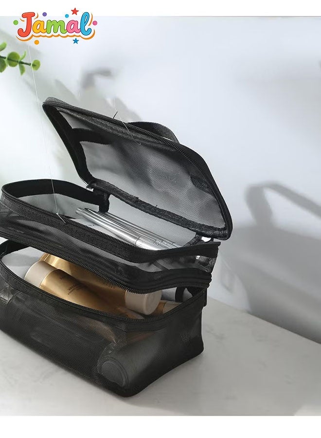 Jamal 3-Piece Clear Makeup Bags Set – Travel Toiletry Bags, Carry-On Cosmetic Organizer (Black) - Image 4