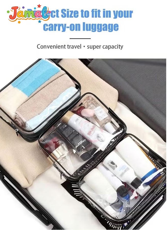 Jamal 3-Piece Clear Makeup Bags Set – Travel Toiletry Bags, Carry-On Cosmetic Organizer (Black) - Image 4
