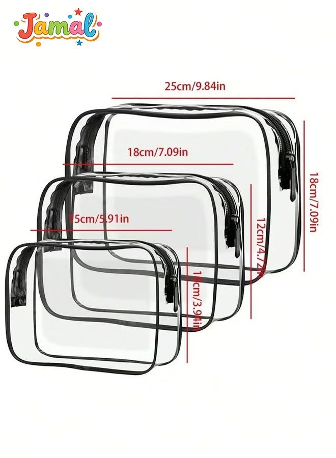 Jamal 3-Piece Clear Makeup Bags Set – Travel Toiletry Bags, Carry-On Cosmetic Organizer (Black) - Image 2