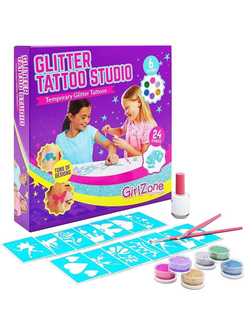 GirlZone - GirlZone 33-Piece Glitter Tattoo Kit for Kids, Skin-Friendly, Includes 24 Stencil Designs, 6 Cosmetic Glitters, 2 Brushes & Adhesive, Perfect for Valentine and Easter Gifts - Image 1