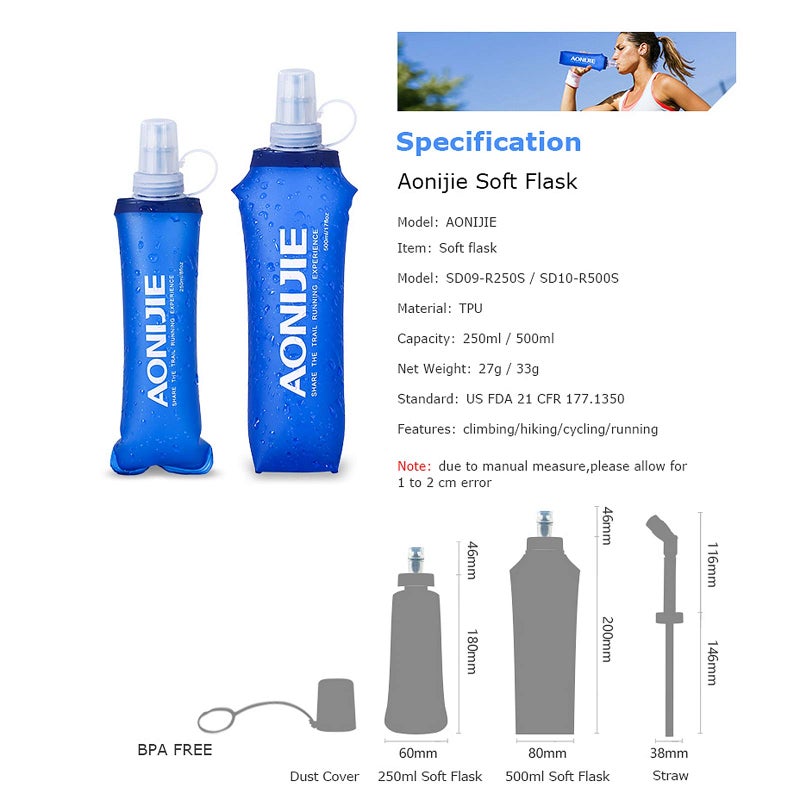 AONIJIE TPU Soft Folding Water Bottles Collapsible Flask for Hydration Pack for Running Hiking Cycling Climbing Pack of 2 (250ml with Straw -Pack of 2) - Image 4
