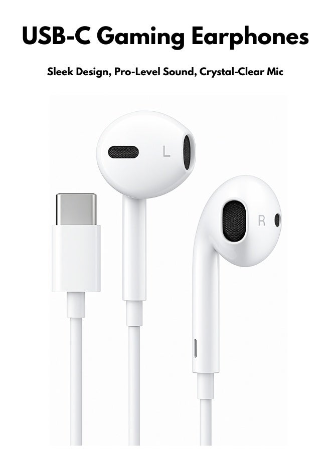 White Type-C wired in-ear earphones with Hi-Fi stereo sound, thumping bass, and piston design for immersive audio and sleek, all-day comfort. - Image 1