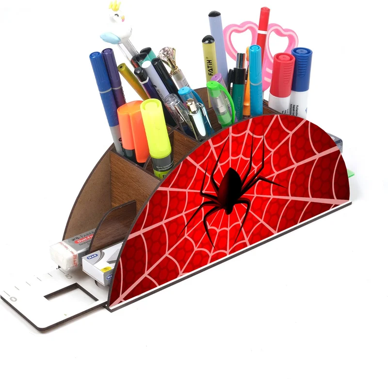 نوتبا Wooden Spiderman Rainbow Ruler Desktop Pen Holder Box Organizer For Kids GK45