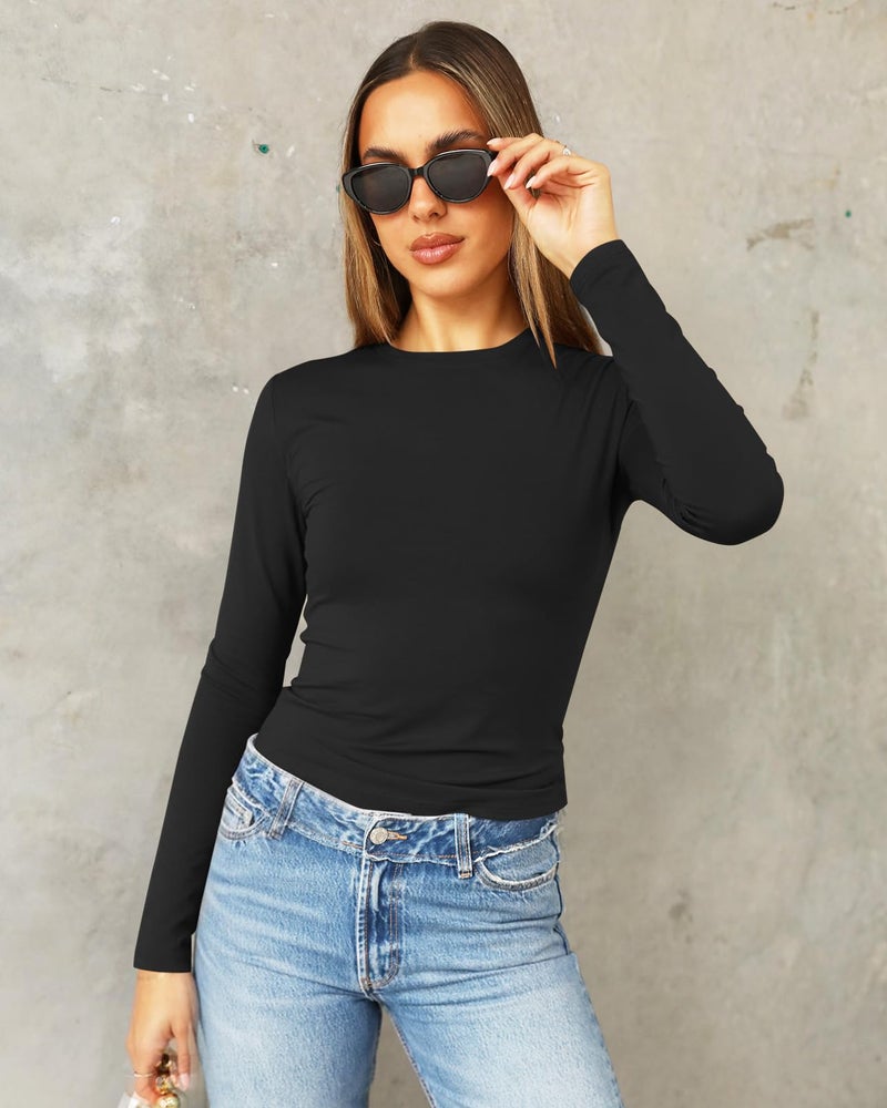 Abardsion Women's Long Sleeve Shirts Spring 2026 Casual Basic Going Out Crop Tops Slim Fit Tight Y2K Clothes(Black, M) - Image 2