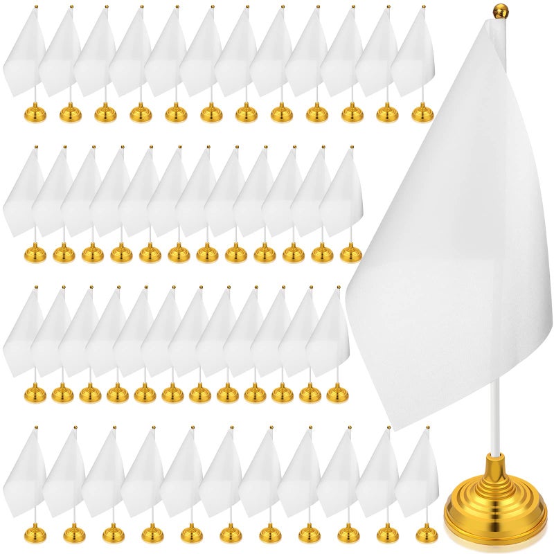 Tatuo 48 Pcs Mini White Desktop Flags on Stick with Stands 5.51 x 8.27 Office White Solid for DIY Craft Small Blank Desktop Flag with Pole for 4th of July Event Celebration - Image 1