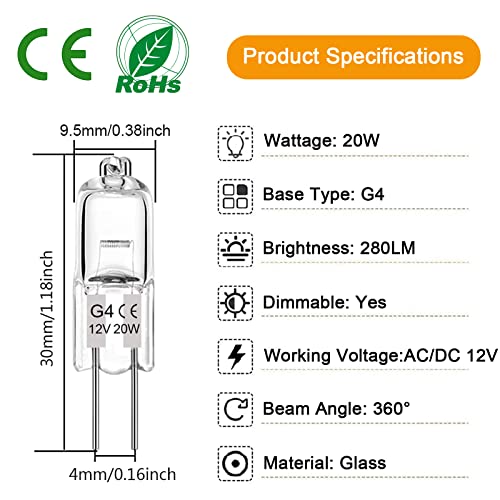 Lacnooe G4 Halogen Bulb 20W, 12 Pack Dimmable G4 Light Bulb for Under Cabinet Puck Light, Chandeliers, Track Lighting, AC/DC 12 Volt, T3 JC Type Bi-Pin Base, Warm White 2700K - Image 2
