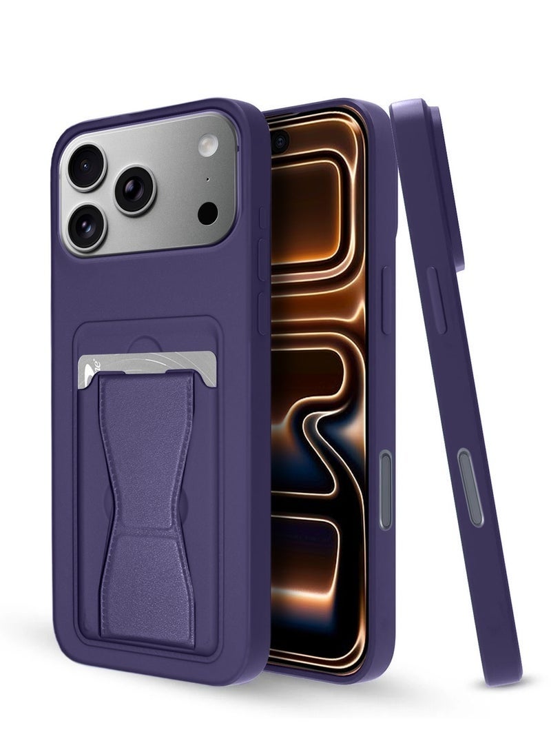 ELTRAZONE iPhone 17 Pro Max 5G 2025 Silicone TPU Card Holder with Hand Grip Case | Slim Shockproof Wallet Phone Cover with Kickstand Grip Strap (MCHPSN) – Eggplant Purple - Image 1