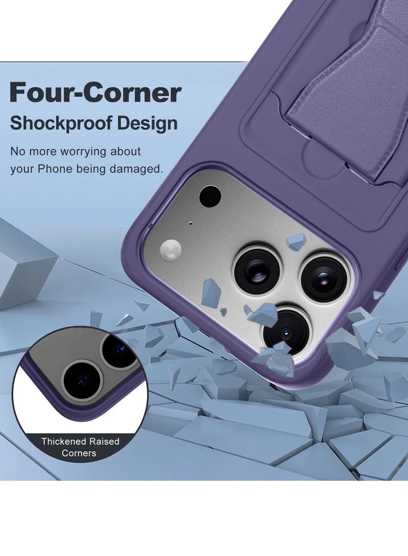 ELTRAZONE iPhone 17 Pro Max 5G 2025 Silicone TPU Card Holder with Hand Grip Case | Slim Shockproof Wallet Phone Cover with Kickstand Grip Strap (MCHPSN) – Eggplant Purple - Image 3